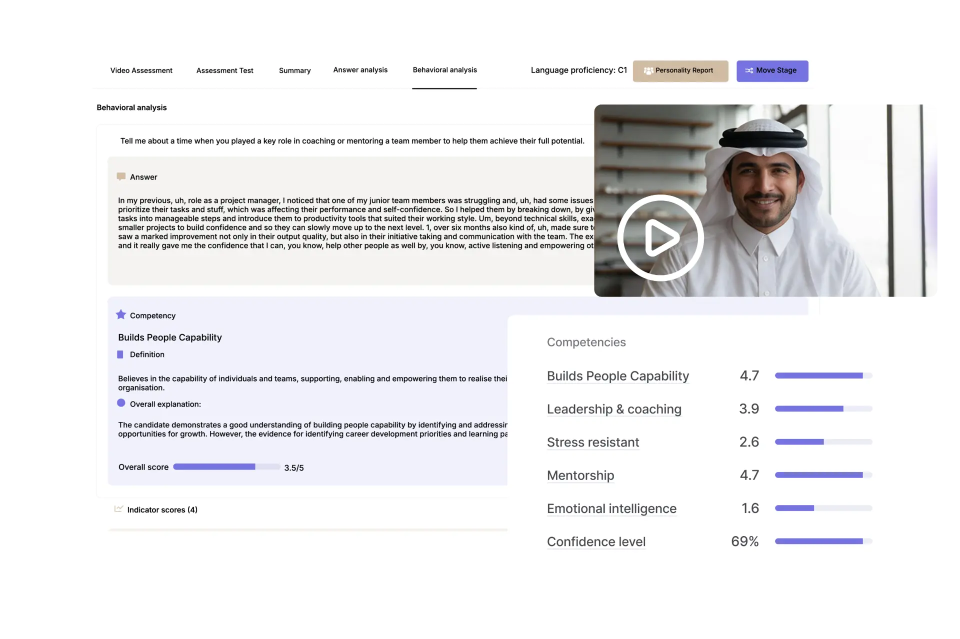 Video interview evaluation with competency scores and answer analysis