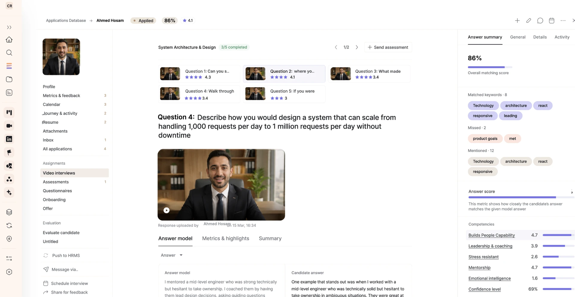 Candidate evaluation view with video interview answers, matched keywords and competency scores