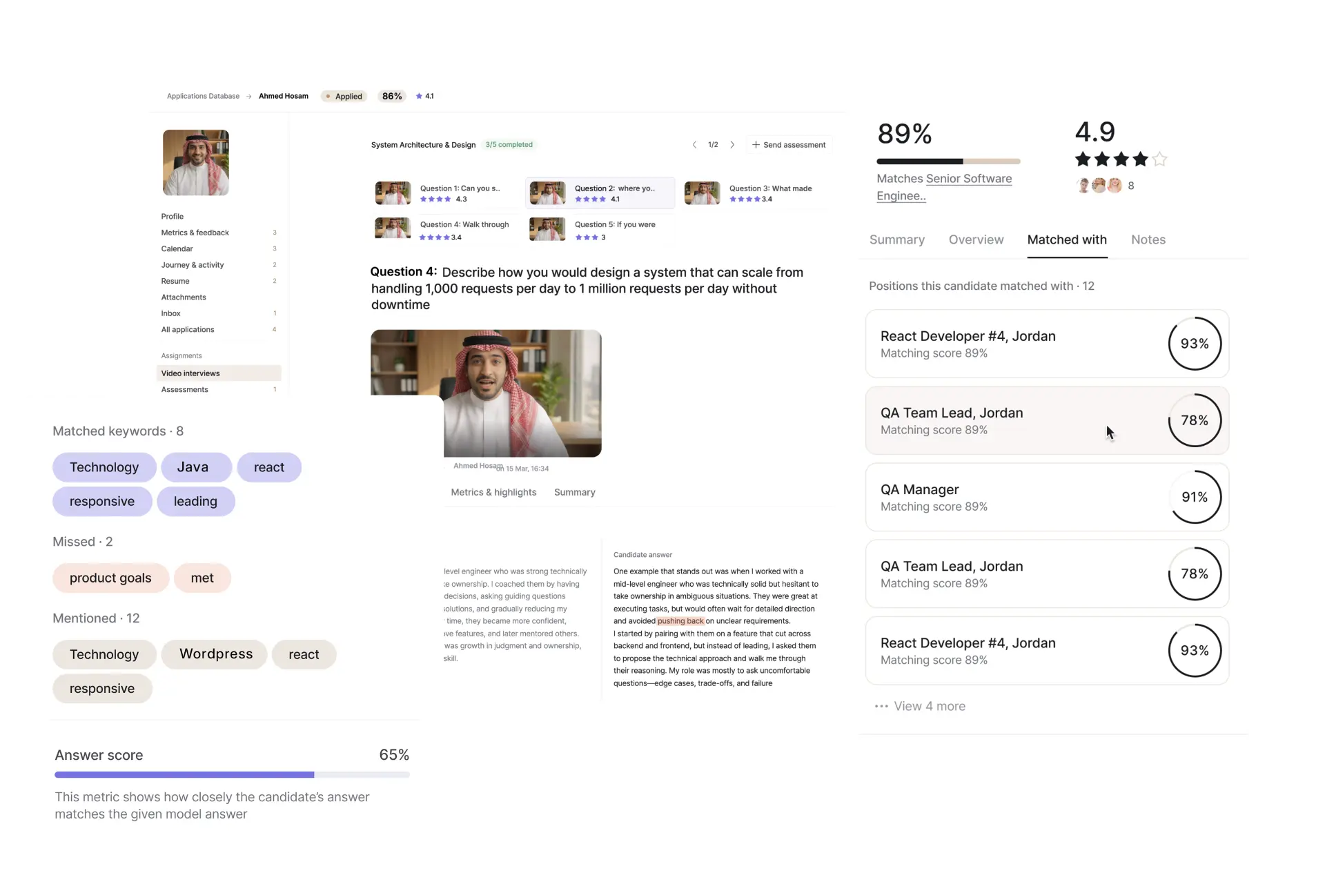 Agentic AI dashboard reasoning through a shortlist of candidates with skill scores